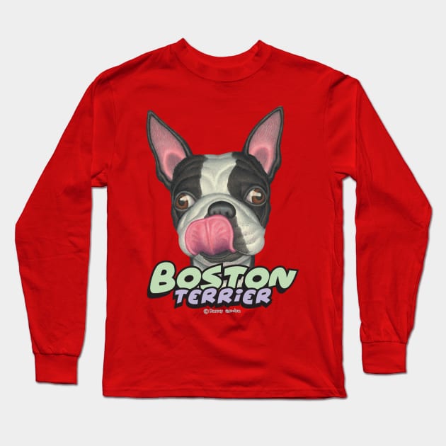 funny cute awesome great Boston Terrier Licking Lips Long Sleeve T-Shirt by Danny Gordon Art